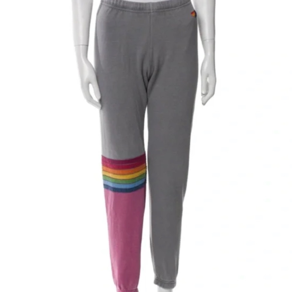 Aviator Nation rainbow striped color-block sweatpants in grey and pink.